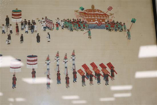 An early 20th century Chinese gouache on silk of a procession, 33 x 66cm